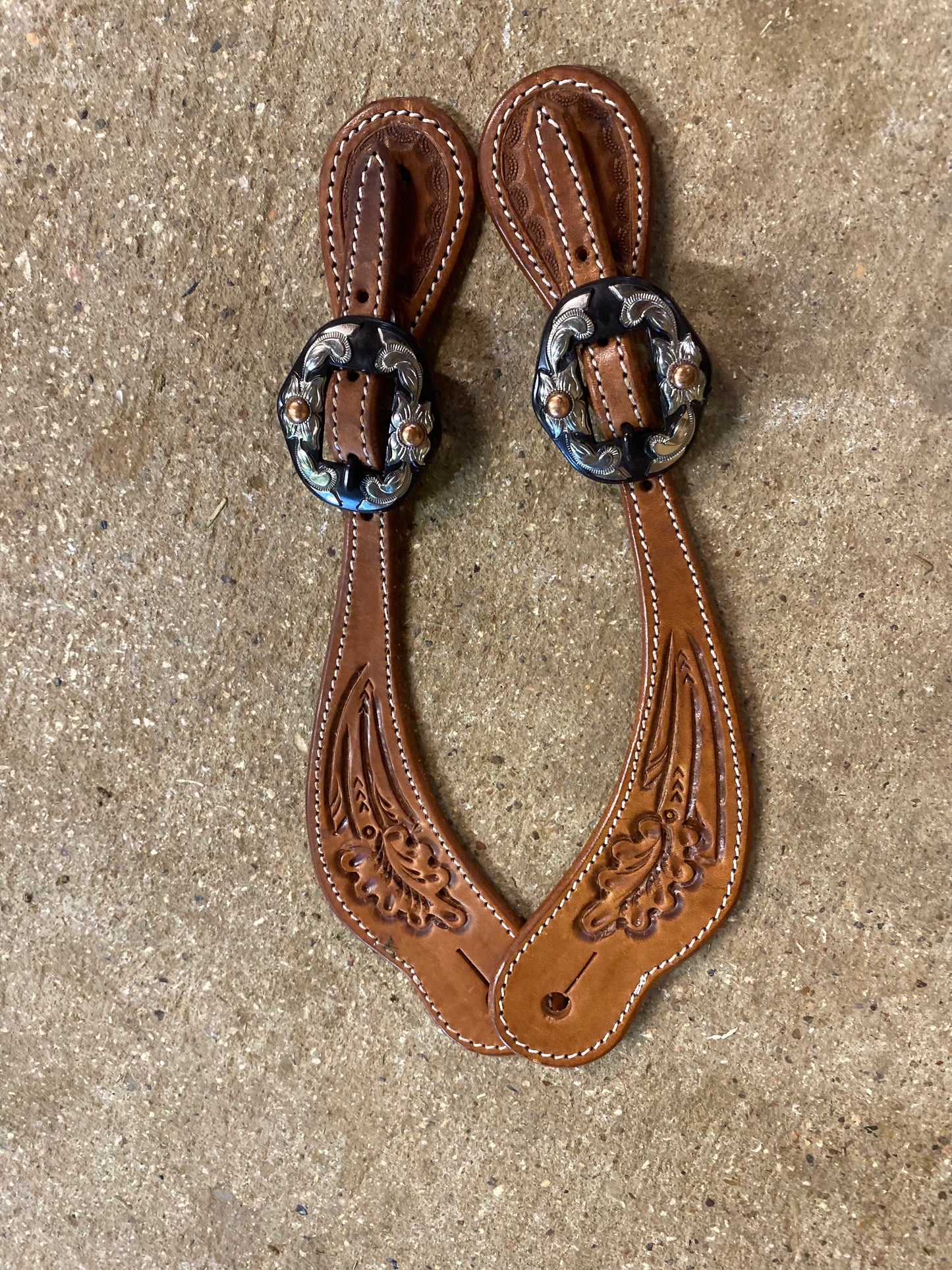 Oak leaf tooled spur straps