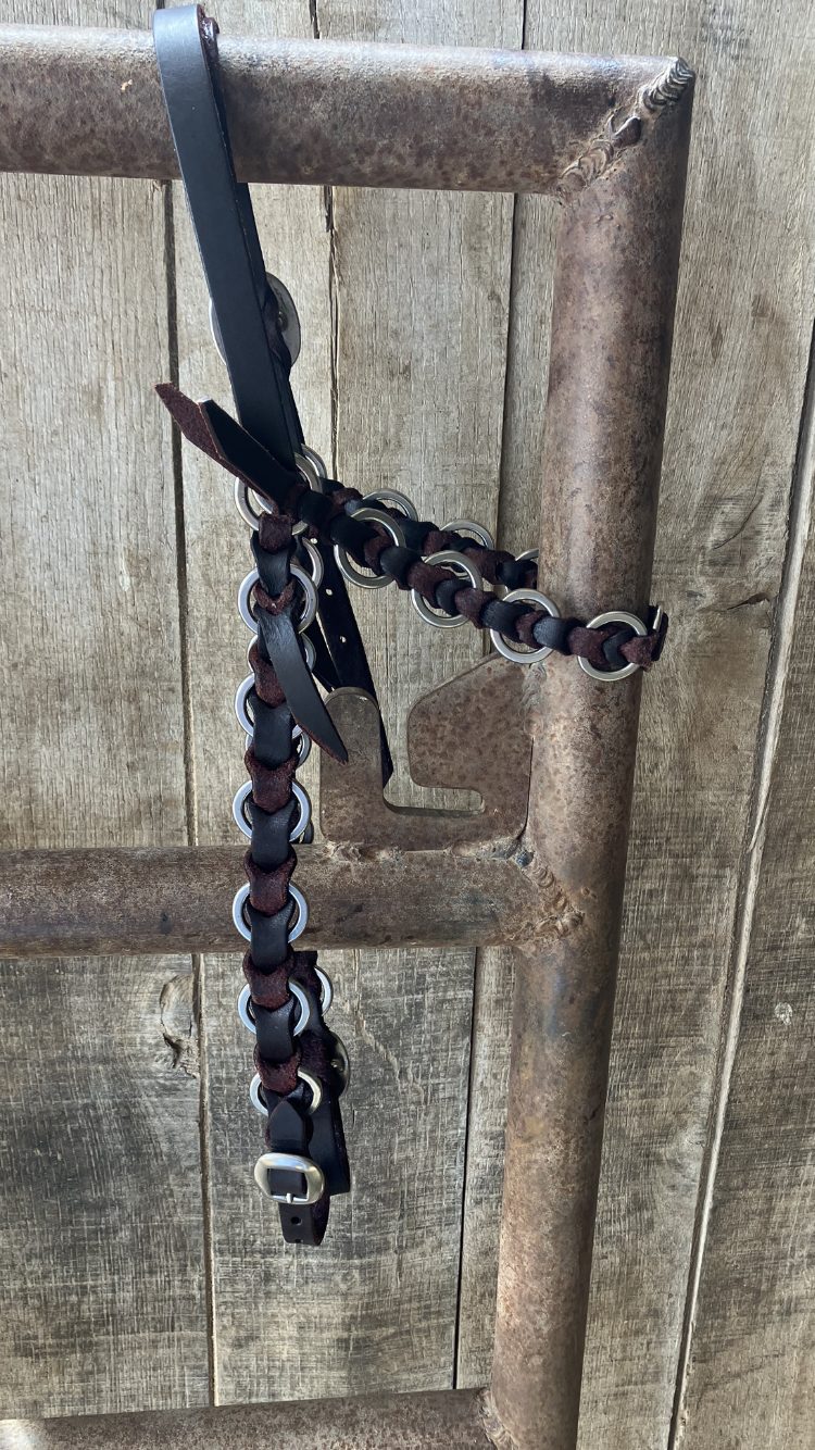 Ring and leather headstall, breast collar and rein